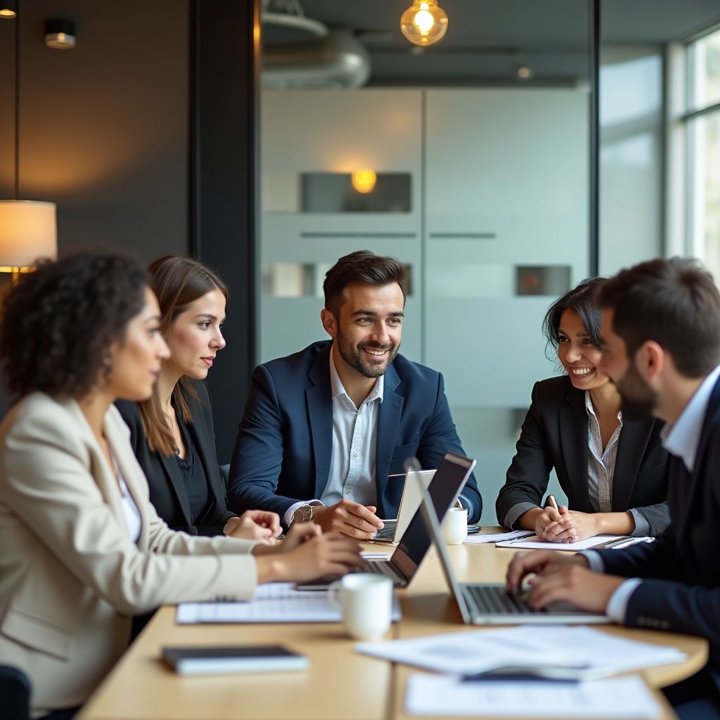 Equipo de formadores empresariales durante una sesión de planificación estratégica